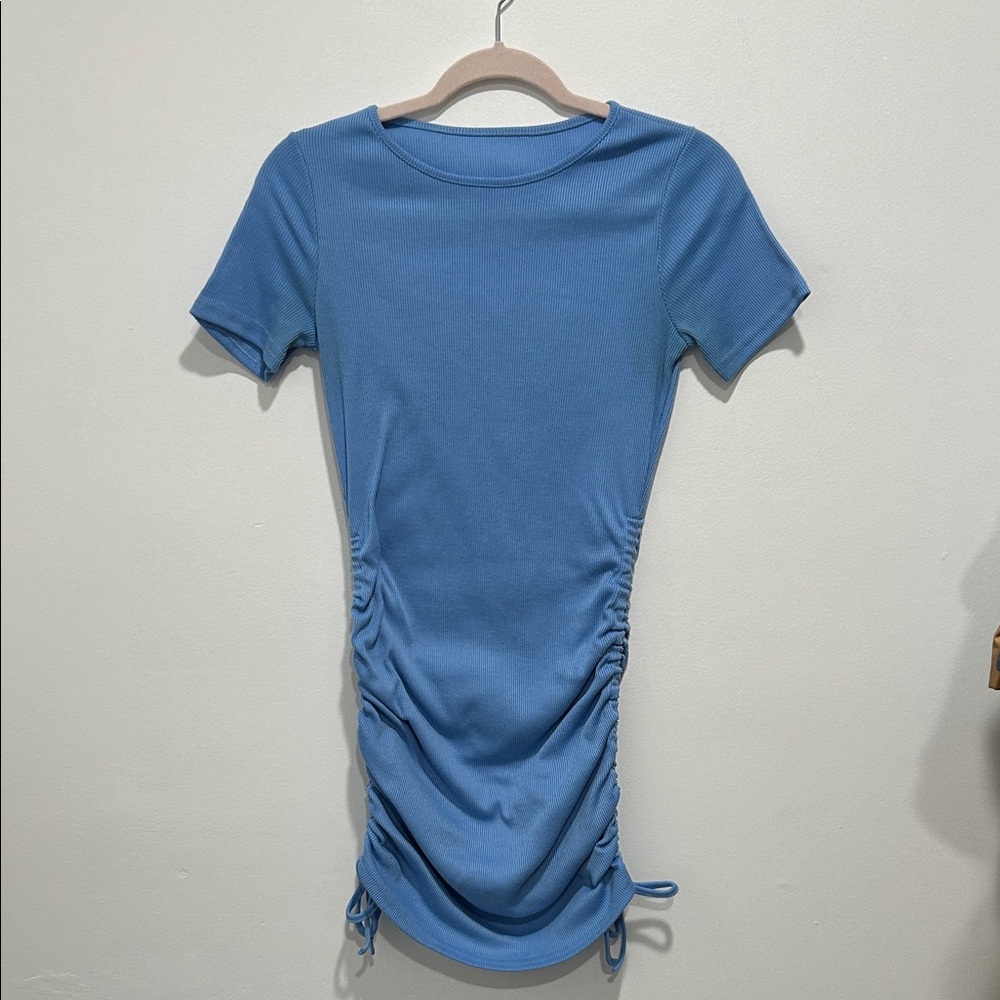 Ruched Side Short Sleeve Bodycon Dress - Blue